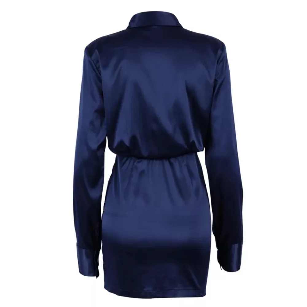 Sapphire Blue Long Sleeve Button Down Satin Effect Mini Dress - Picture 6 of 16